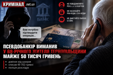 Псевдобанкір виманив у 68-річного жителя Тернопільщини майже 50 тисяч гривень