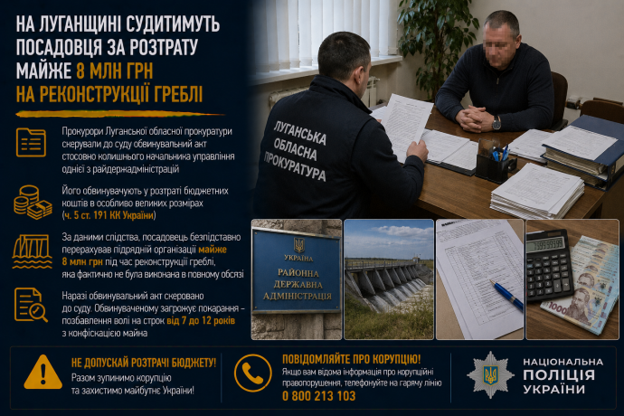 На Луганщині судитимуть посадовця за розтрату майже 8 млн грн на реконструкції греблі