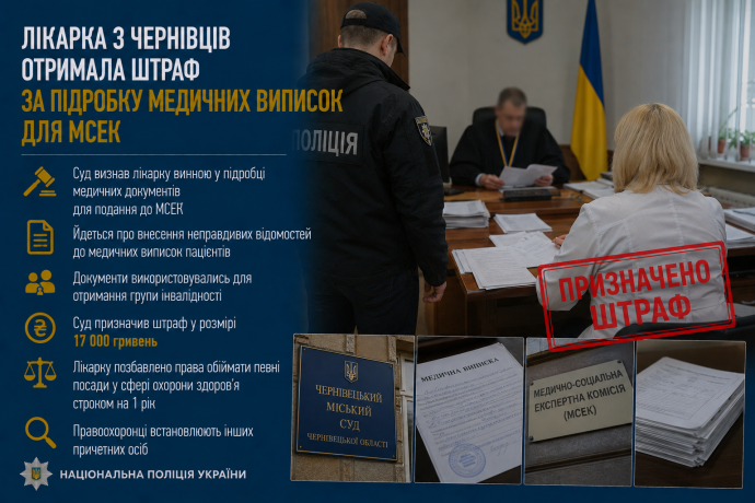 Лікарка з Чернівців отримала штраф за підробку медичних виписок для МСЕК