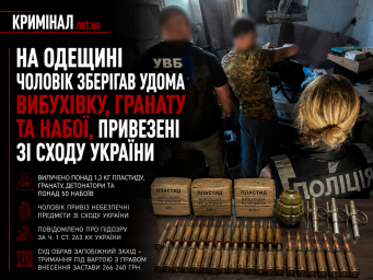 На Одещині чоловік зберігав удома вибухівку, гранату та набої, привезені зі сходу України