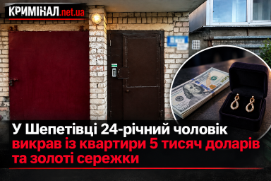 У Шепетівці 24-річний чоловік викрав із квартири 5 тисяч доларів та золоті сережки