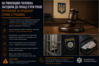 На Рівненщині чоловіка засудили до понад п’яти років ув’язнення за крадіжку сумки з грошима На Рівненщині чоловіка засудили до понад п’яти років ув’язнення за крадіжку сумки з грошима
