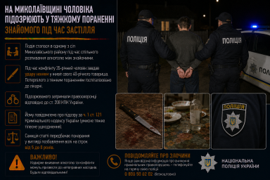 На Миколаївщині чоловіка підозрюють у тяжкому пораненні знайомого під час застілля На Миколаївщині чоловіка підозрюють у тяжкому пораненні знайомого під час застілля