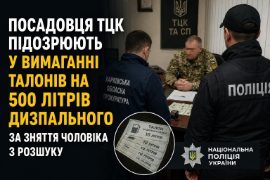 Посадовця ТЦК підозрюють у вимаганні талонів на 500 літрів дизпального за зняття чоловіка з розшуку Посадовця ТЦК підозрюють у вимаганні талонів на 500 літрів дизпального за зняття чоловіка з розшуку