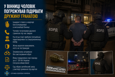 У Вінниці чоловік погрожував підірвати дружину гранатою У Вінниці чоловік погрожував підірвати дружину гранатою