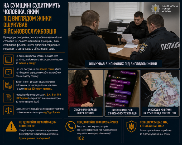 На Сумщині судитимуть чоловіка, який під виглядом жінки ошукував військовослужбовців