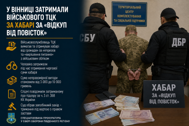 У Вінниці затримали військового ТЦК за хабарі за &laquo;відкуп від повісток&raquo;