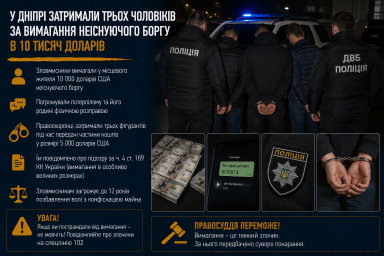 У Дніпрі затримали трьох чоловіків за вимагання неіснуючого боргу в 10 тисяч доларів